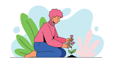 Vector art of a young woman with pink hair is kneeling and planting a rose in the ground, surrounded by green leaves and a light blue background she is wearing a pink sweater and blue pants