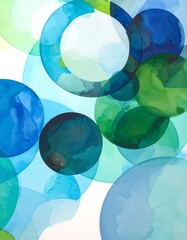 Abstract watercolor painting featuring overlapping translucent circles in shades of blue and green, creating a vibrant and artistic composition