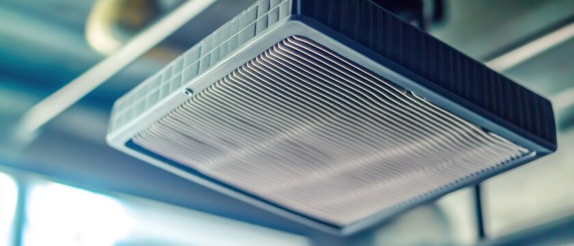 Modern rectangular air filter close up view clean grid pattern indoor ceiling