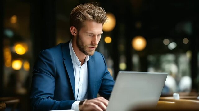 Business Male and Investigation on Laptop in Workplace for Message Composing Piece and Revising Outline Reporter Shared Space and Computer for Reviewing Update News and Title Data