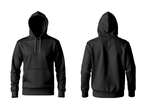 Front and back view of a black hooded sweatshirt with a front pocket, isolated on a png background .