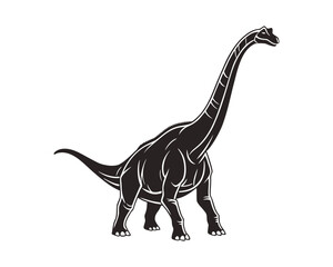 Fototapeta premium A black silhouette of a Brachiosaurus dinosaur with a long neck and tail, standing on four legs against a white background