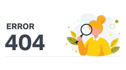 Vector art of page not found error 404 a woman with a magnifying glass is looking for a lost page on the internet website under construction