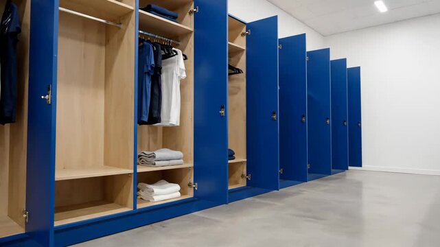 Modern Blue Locker Room Interior - This video showcases a clean, contemporary locker room interior featuring a row of blue lockers.