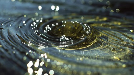 Closeup brackish water interface swirl with reflective golden highlights and shimmering gold particles, reflective ripples