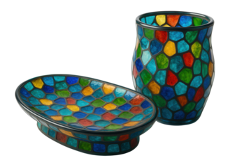 Vibrant mosaic-patterned colored glass bathroom set with soap dish and toothbrush holder.