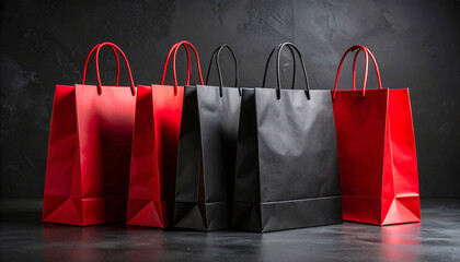Flat lay of black gift boxes with red ribbons on dark background