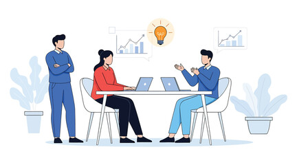 Vector art of a business meeting, where team members collaborate and share ideas, fostering innovation and productivity in a modern and dynamic workspace