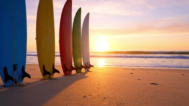 Colorful surfboards standing on sandy beach with golden sunset