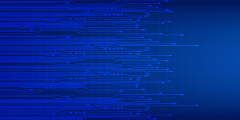 Abstract AI circuit board background. Technology connected blue lines with electronics elements on tech bg. Computer motherboard with a chip, processor, and semiconductor.