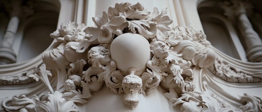 Intricate white plaster molding with floral and cherubic sculptures