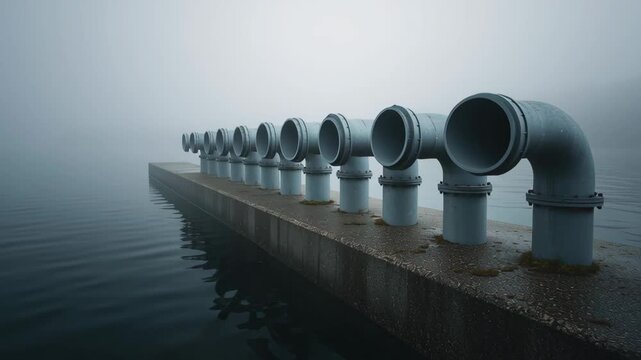 Minimalist jetty intake pipe openings and outlets align along concrete pier into foggy water, creating moody industrial symmetry