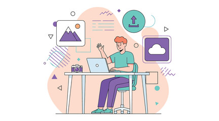 Vector art of young man working on laptop at desk with picture, upload and cloud icons freelancer working from home, online education, remote job, elearning concept