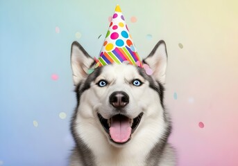 Happy Siberian Husky dog with blue eyes wearing a colorful party hat, celebrating a birthday. Funny pet portrait with falling confetti on a pastel gradient background