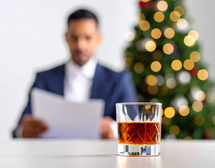Vaso de whisky elegante con persona trabajando y árbol navideño con luces bokeh
