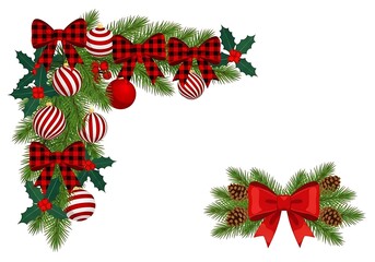 Christmas Corner Decoration With Buffalo Plaid Bows Ornaments and Holly image photo