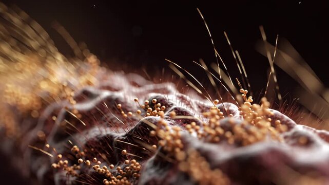 Abstract molecular surface with glowing particles, golden particle strands textured fiber surface and flowing strands creating
