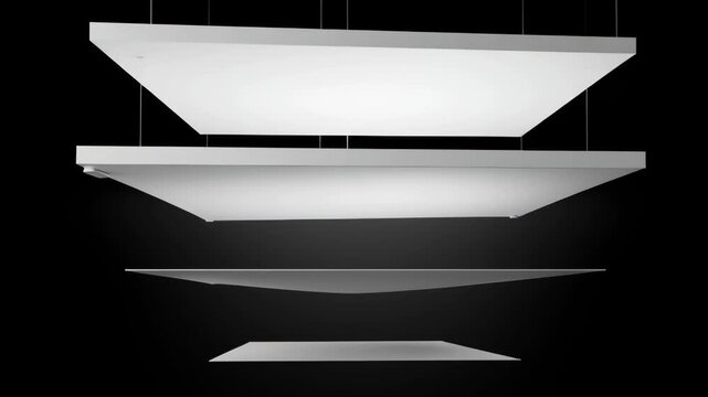 Suspended acoustic panel ceiling baffle white modern interior minimal design layered lighting with floating square pendant light