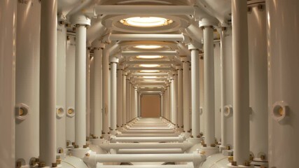 White cylindrical pressure vessel cylinder corridor with repeating columns warm lighting evoking symmetry industrial calm - Powered by Adobe