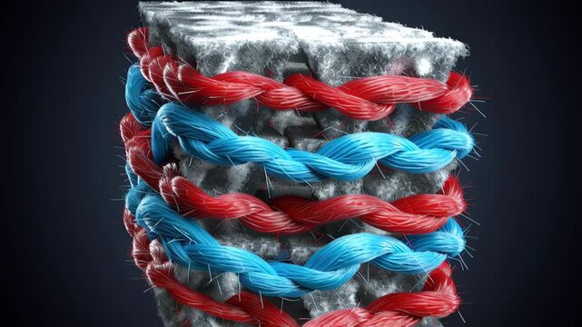 Red and blue braided synthetic fiber strands woven and wrapped around porous gray ceramic blocks, braided polymer fibers and ion