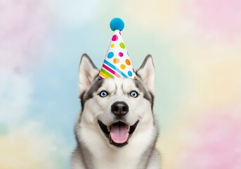 Happy Siberian Husky dog with blue eyes wearing a colorful party hat, celebrating a birthday. Funny pet portrait with falling confetti on a pastel gradient background