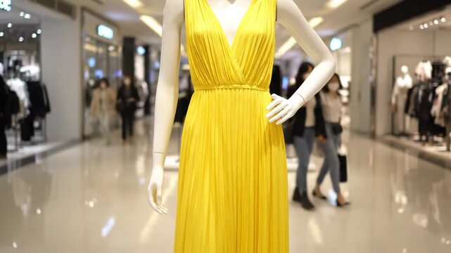 Yellow Dress on Mannequin in Shopping Mall - A bright yellow dress is displayed on a mannequin in a shopping mall. The dress has a v-neck, pleated details, and a cinched waist.