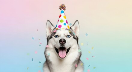 Happy Siberian Husky dog with blue eyes wearing a colorful party hat, celebrating a birthday. Funny pet portrait with falling confetti on a pastel gradient background