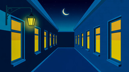 Nighttime Street with Buildings, Glowing Windows, and a Crescent Moon digital vtbcvdlvr1ax5qg