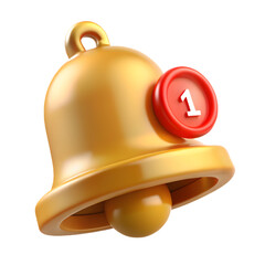 3D Gold Notification Bell with One Alert Message Icon Isolated on Transparent Background PNG