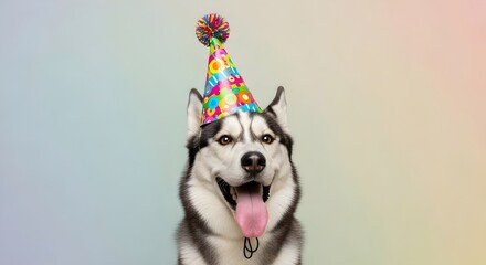 Happy Siberian Husky dog with blue eyes wearing a colorful party hat, celebrating a birthday. Funny pet portrait with falling confetti on a pastel gradient background