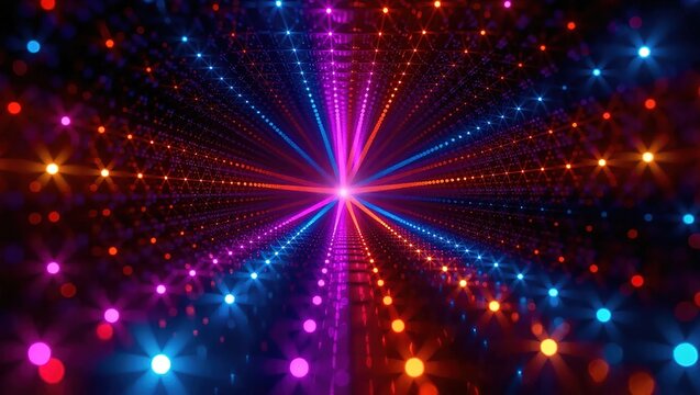 Vibrant Neon Light Tunnel Abstract Background.