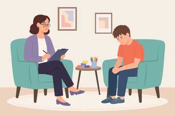 Fototapeta premium Sad teenager patient talks with female psychologist. Psychotherapy session. Teen problems. Mental health. Vector flat illustration isolated on the white background.