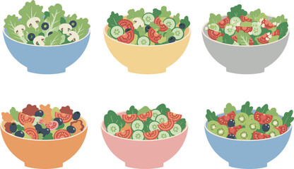 Set of six salad bowls, healthy vegetable mix, colorful ingredients, leafy greens, cucumber, tomato, blueberry, mushroom, diet food vector illustration