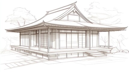 Fototapeta premium Architectural sketch of asian house design with serene landscape