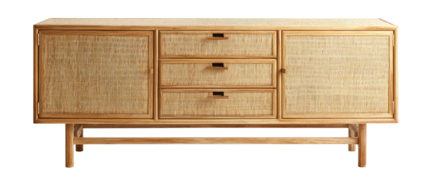 Light wood sideboard with woven rattan panels