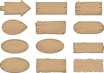 Set of twelve wooden signboards, rustic signage, oval and rectangular shapes, textured wood planks, vector icons, game UI, design elements