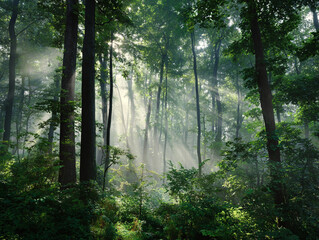 Obraz premium Sunlight Filtering Through Trees in Misty Green Forest, Realistic Nature Landscape