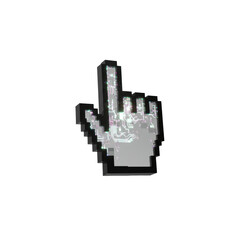 Extreme close-up of a highly detailed, pixelated hand cursor with luminous circuitry, its fingertip compressed, casting shadows on a transparent background, concept of digital energy