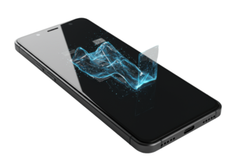 Ultra-sleek smartphone of polished obsidian glass & matte titanium, with a radiant OLED displaying fluid holographic UI and luminescent data streams oozing outwards, on a transparent background,