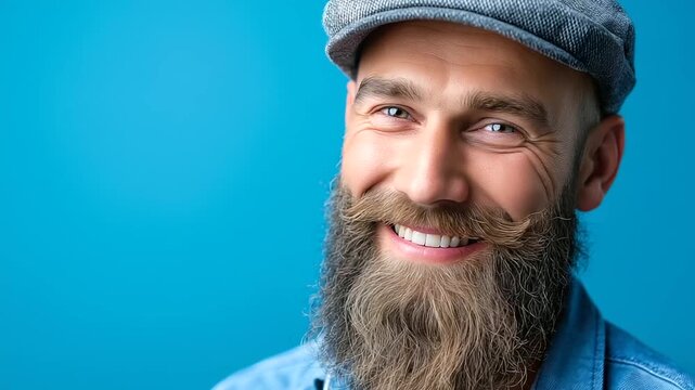 Cheerful repairman, craftsman portrait on blue background, smiling, bearded handyman in work clothes, confident construction worker, builder, positive attitude, job, occupation, co