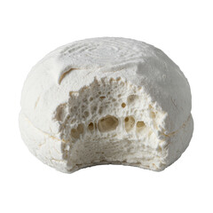 An oversized artisanal gourmet marshmallow, light sugar dusting, with a clean bite revealing an airy, ethereal interior, isolated on a transparent studio background. Concept of gourmet confection