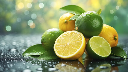 Freshly cut citrus fruits with water droplets.