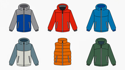 Six Illustrations of Hooded Jackets and a Puffer Vest in Multiple Colorways winter coat