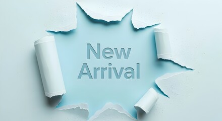 New Arrival announcement concept. Text revealed through a torn paper hole on a blue background. Creative advertising, business promotion, and new product launch banner with copy space