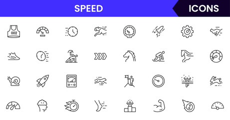 Speed vector web line icon collection, sleek illustrations of velocity, timers, dashes, high-energy designs.