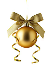 Opulent golden Christmas bauble with reflective surface, ethereal internal glow, untied glittery ribbon cascading on transparent, dramatic rim lighting. Concept of festive luxury