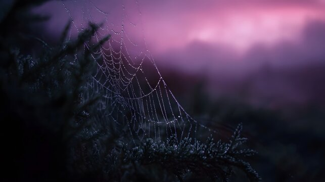 Dew covered spider web glistens delicately in the soft purple light of dawn amidst a misty forest