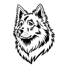 Fototapeta premium Simple black and white outline of fluffy dog head with pointy ears – Suitable for pet grooming logos, vector art, or minimal design concepts