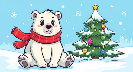 Cute Polar Bear Wearing a Scarf Beside a Christmas Tree.