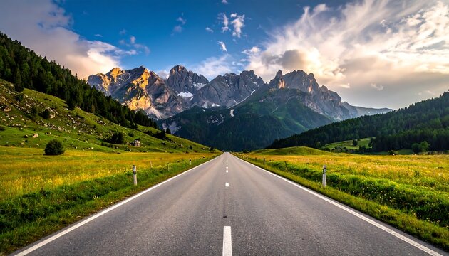 Empty road leads towards majestic snow-capped peaks